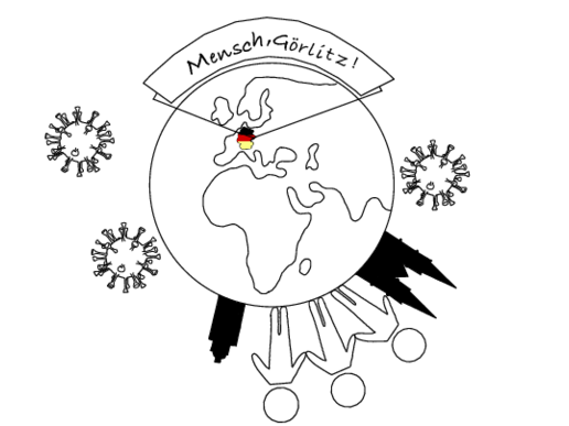 Eine Grafik vom Planeten Erde in der Deutschland markiert ist und sich außerhalb Viren befinden.