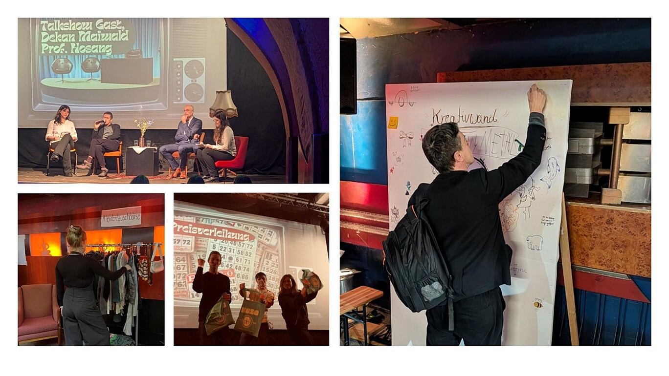 Collage aus vier Fotos einer Jugendveranstaltung: Oben links sitzen vier Personen in Sesseln auf einer Bühne und führen ein Talkshow-Gespräch, im Hintergrund eine große Leinwand mit Retro-TV-Grafik und eingeblendetem Gastnamen. Oben rechts steht eine Person mit Rucksack vor einer großen weißen Pinnwand mit der Überschrift „Kreativwand“ und beschriftet oder bemalt sie mit Stift, rundherum sind bereits viele kleine Zeichnungen und Notizen zu sehen. Unten links hängt eine junge Frau an einer Kleiderstange in einer Ecke mit warmem Licht verschiedene Kleidungsstücke auf, darüber ein Schild, das auf eine Kleidertauschbörse hinweist. Unten mittig stehen mehrere Personen im Gegenlicht vor einer Leinwand mit der Aufschrift „Preisverleihung“ und halten gut sichtbar große Geschenktüten oder Preise in die Höhe.