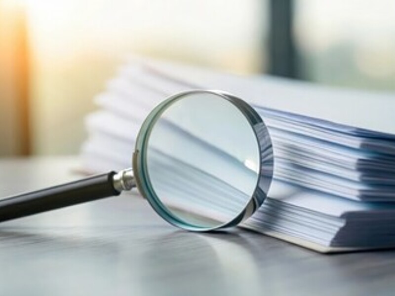 Ein Stapel Dokumente mit Lupe